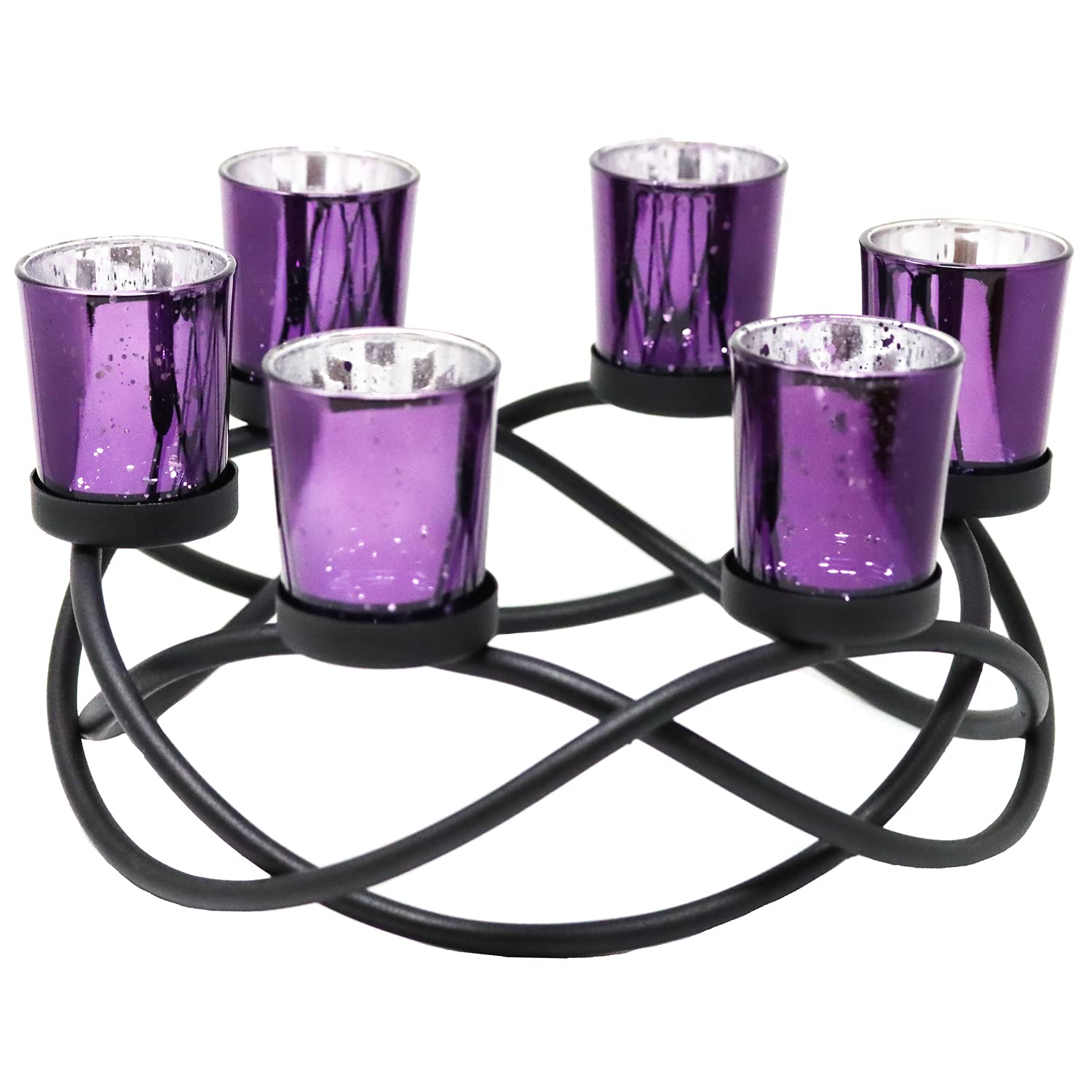 Iron Round Table Decor Centerpiece Decorations Candle Holder for Weddings, Outdoor Patio, Kitchen, Dining Room, and Coffee Tables, Glass Votive Tealight Holders - Black/Purple circular - MAIN