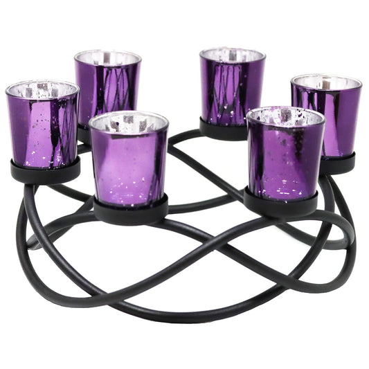Iron Round Table Decor Centerpiece Decorations Candle Holder for Weddings, Outdoor Patio, Kitchen, Dining Room, and Coffee Tables, Glass Votive Tealight Holders - Black/Purple circular - MAIN