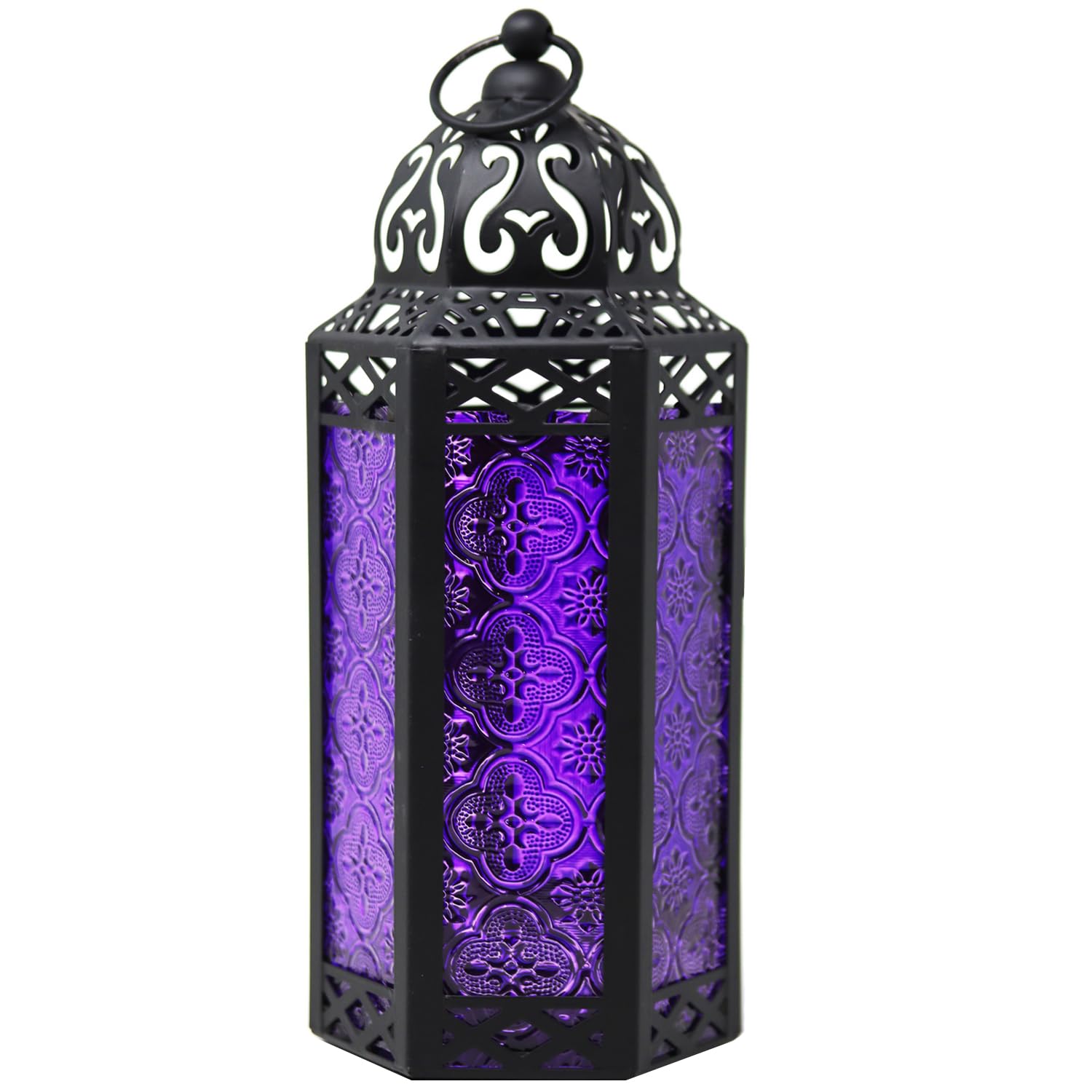 Black Metal Decorative Moroccan Lantern Candle Holder Lamp - Indoor/Outdoor, Home Decor, Patio, Weddings, Christmas - Purple Medium - MAIN