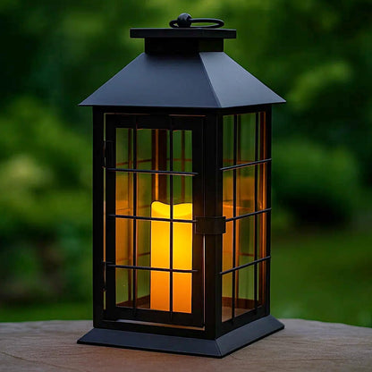 11" Rustic Decorative Candle Lantern – Vintage Metal & Glass Holder for Pillar Candles – Farmhouse Tabletop & Hanging Lantern for Indoor or Patio Decor, Black - Black - PT03