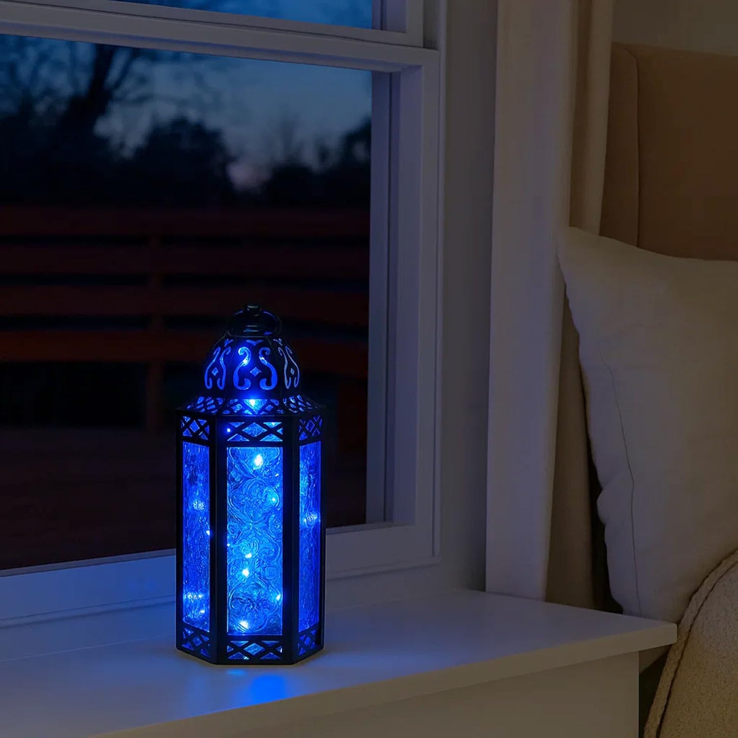 Metal Moroccan Decorative LED Fairy Lights Candle Lantern Holders for Indoor Home Fantasy Decor, Table Centerpieces, Outdoor Patio or Porch, Weddings, Medium - Blue Medium - PT01