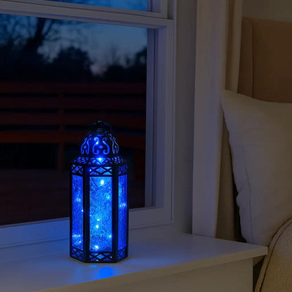 Metal Moroccan Decorative LED Fairy Lights Candle Lantern Holders for Indoor Home Fantasy Decor, Table Centerpieces, Outdoor Patio or Porch, Weddings, Medium - Blue Medium - PT01