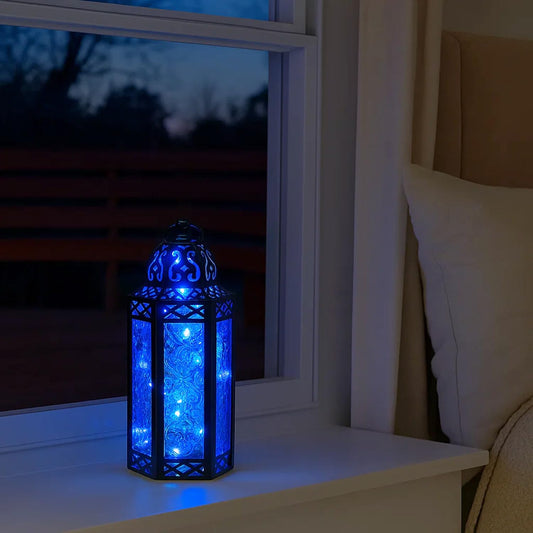 Metal Moroccan Decorative LED Fairy Lights Candle Lantern Holders for Indoor Home Fantasy Decor, Table Centerpieces, Outdoor Patio or Porch, Weddings, Medium - Blue Medium - PT01
