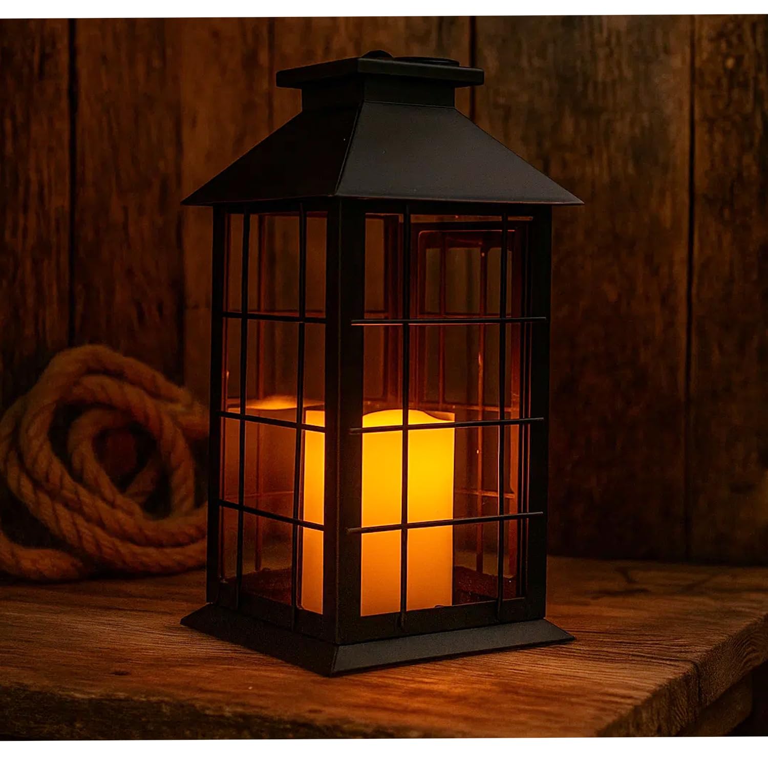 11" Rustic Decorative Candle Lantern – Vintage Metal & Glass Holder for Pillar Candles – Farmhouse Tabletop & Hanging Lantern for Indoor or Patio Decor, Black - Black - PT01