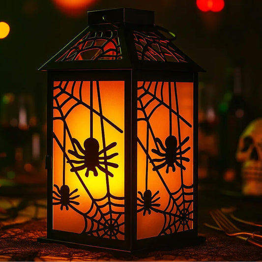 11.5" Halloween Spider Candle Lantern - Decorative Spooky Tabletop Light for Haunted House, Gothic Home, Front Porch & Party Decor, Metal with Frosted Glass (Ca - Dark Gray - MAIN