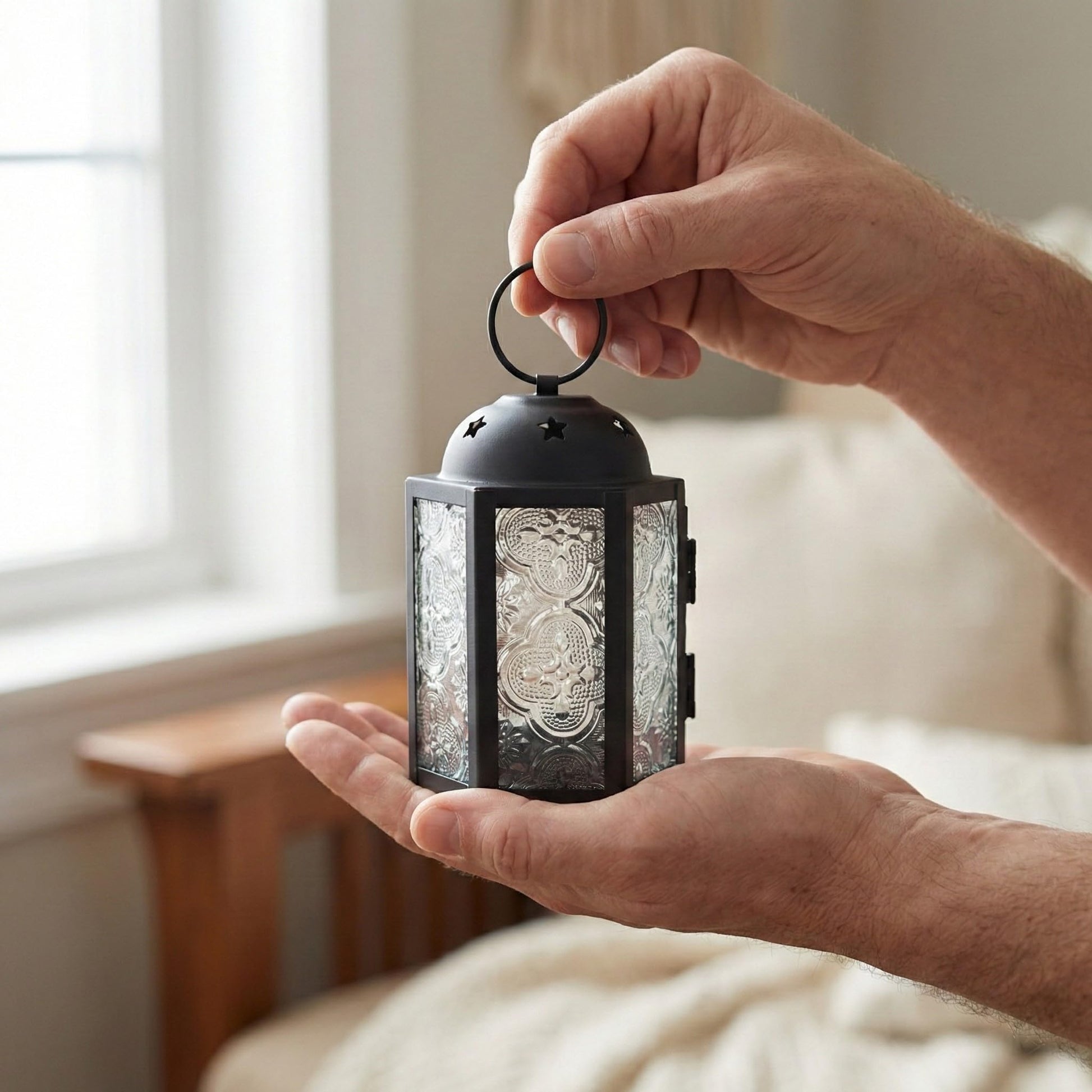 Mini Moroccan Tea Light Candle Holder Lanterns – 4.25" Small Decorative Lantern for Table or Hanging, Metal with Glass Panels – Ramadan, Wedding, Home Decor, Fr - Frosted Clear 4 - PT05