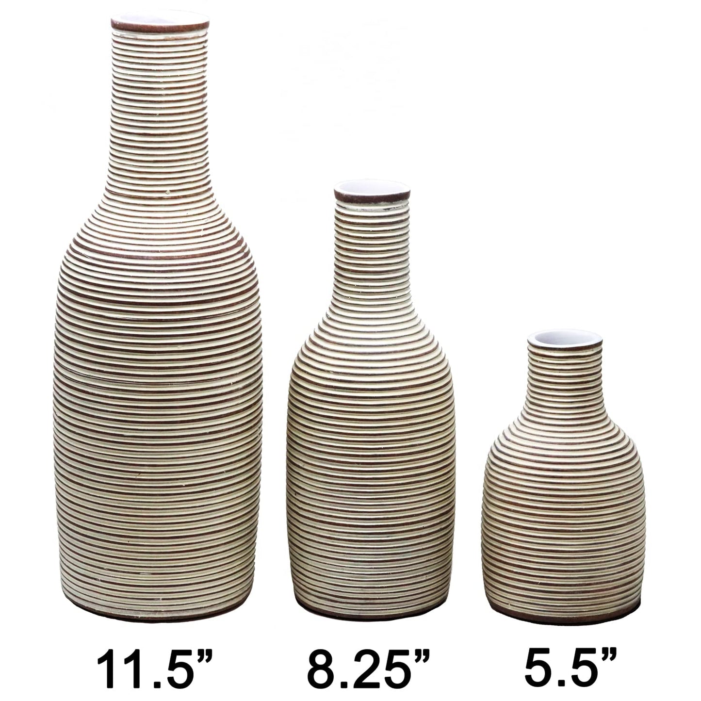 Modern Rustic Farmhouse Boho White Vase Set for Flowers, Decor, Shelf or Cabinet - White 11" + 8" + 5" - PT06