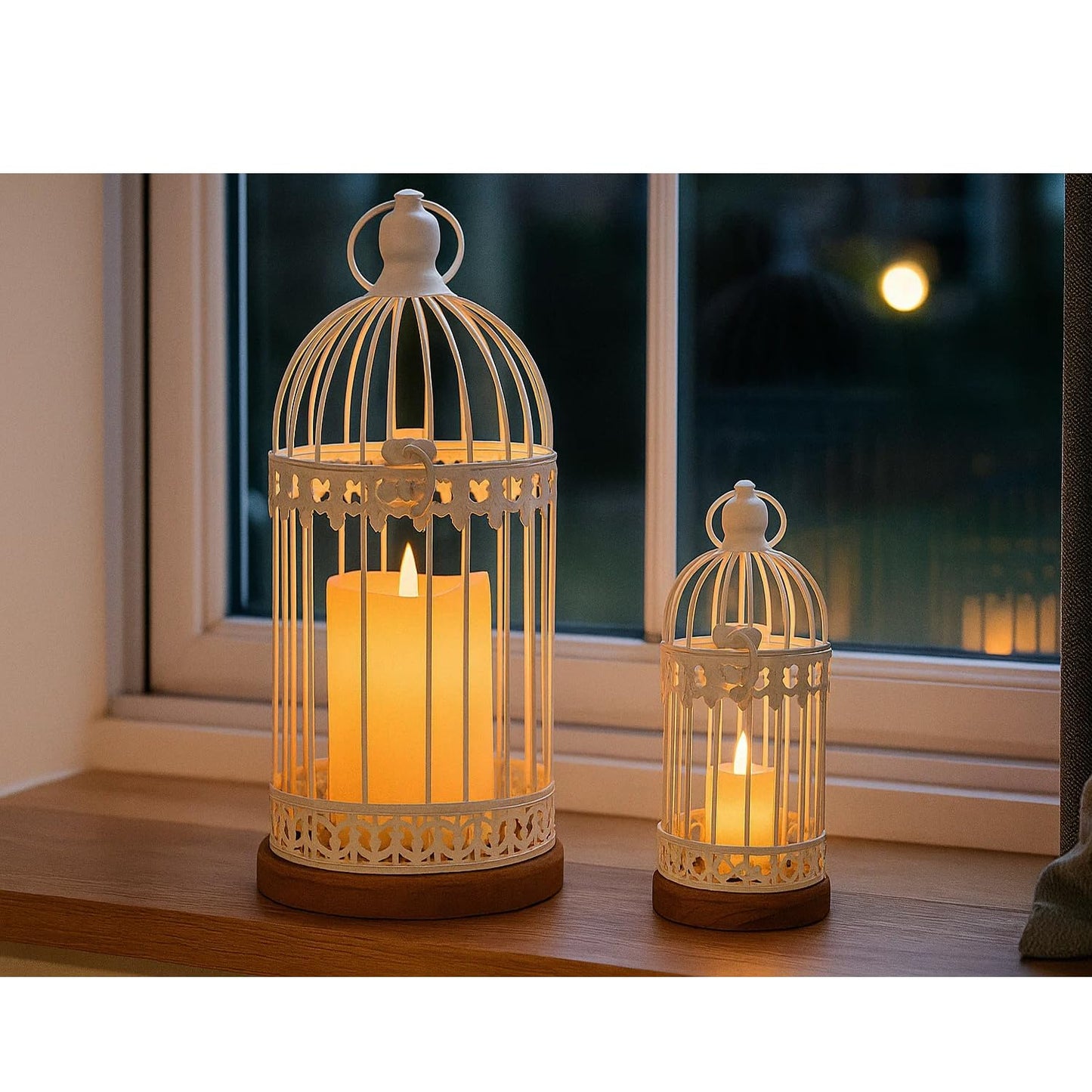 Birdcage Candle Lanterns – Set of 2 Decorative Metal Lanterns on Wooden Base – Vintage Farmhouse Tabletop & Hanging Lantern for Weddings, Parties & Home Decor - White 12" Tall By 5.5" Diameter - PT02