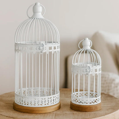 Birdcage Candle Lanterns – Set of 2 Decorative Metal Lanterns on Wooden Base – Vintage Farmhouse Tabletop & Hanging Lantern for Weddings, Parties & Home Decor - White 12" Tall By 5.5" Diameter - MAIN