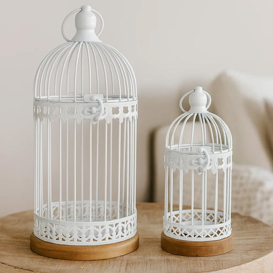 Birdcage Candle Lanterns – Set of 2 Decorative Metal Lanterns on Wooden Base – Vintage Farmhouse Tabletop & Hanging Lantern for Weddings, Parties & Home Decor - White 12" Tall By 5.5" Diameter - MAIN