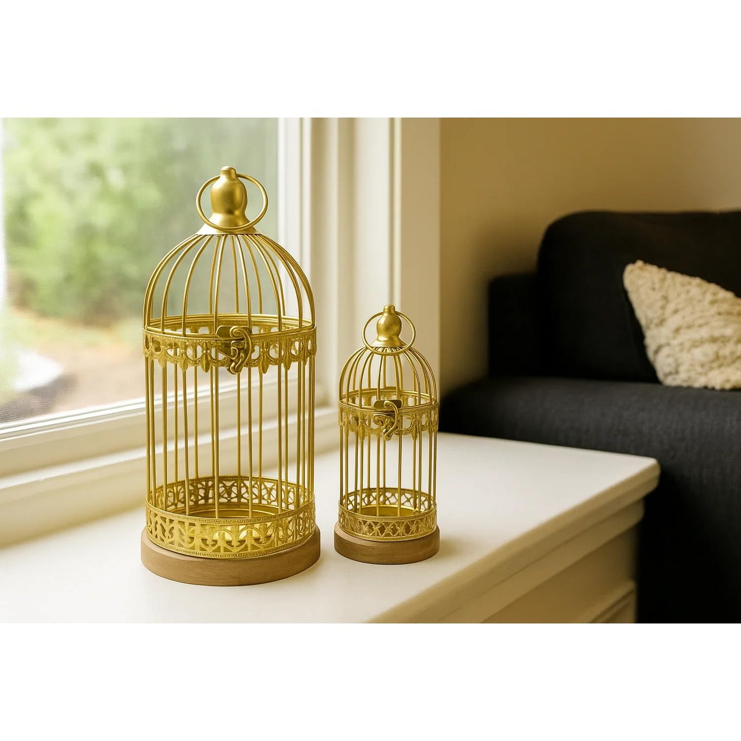Birdcage Candle Lanterns – Set of 2 Decorative Metal Lanterns on Wooden Base – Vintage Farmhouse Tabletop & Hanging Lantern for Weddings, Parties & Home Decor - Gold 12 Inches Tall By 5.5 Inches Diameter - PT04