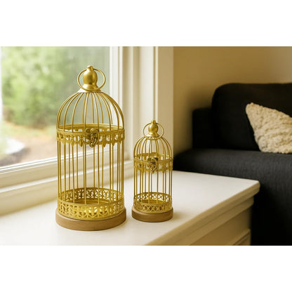Birdcage Candle Lanterns – Set of 2 Decorative Metal Lanterns on Wooden Base – Vintage Farmhouse Tabletop & Hanging Lantern for Weddings, Parties & Home Decor - Gold 12 Inches Tall By 5.5 Inches Diameter - PT04