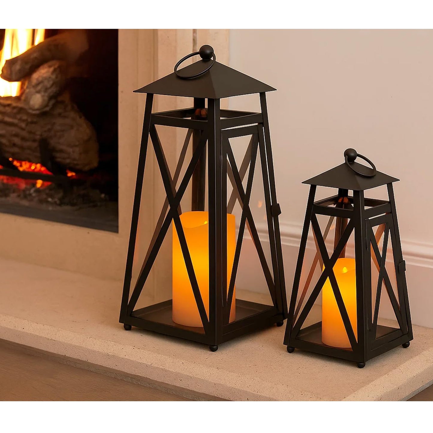 Black Watchtower Candle Lanterns for Outdoor Patio or Porch – Set of 2 Decorative Metal & Glass Lanterns for Pillar Candles – Rustic Farmhouse Indoor Tabletop D - Black 14.5" H x 6" W - PT04