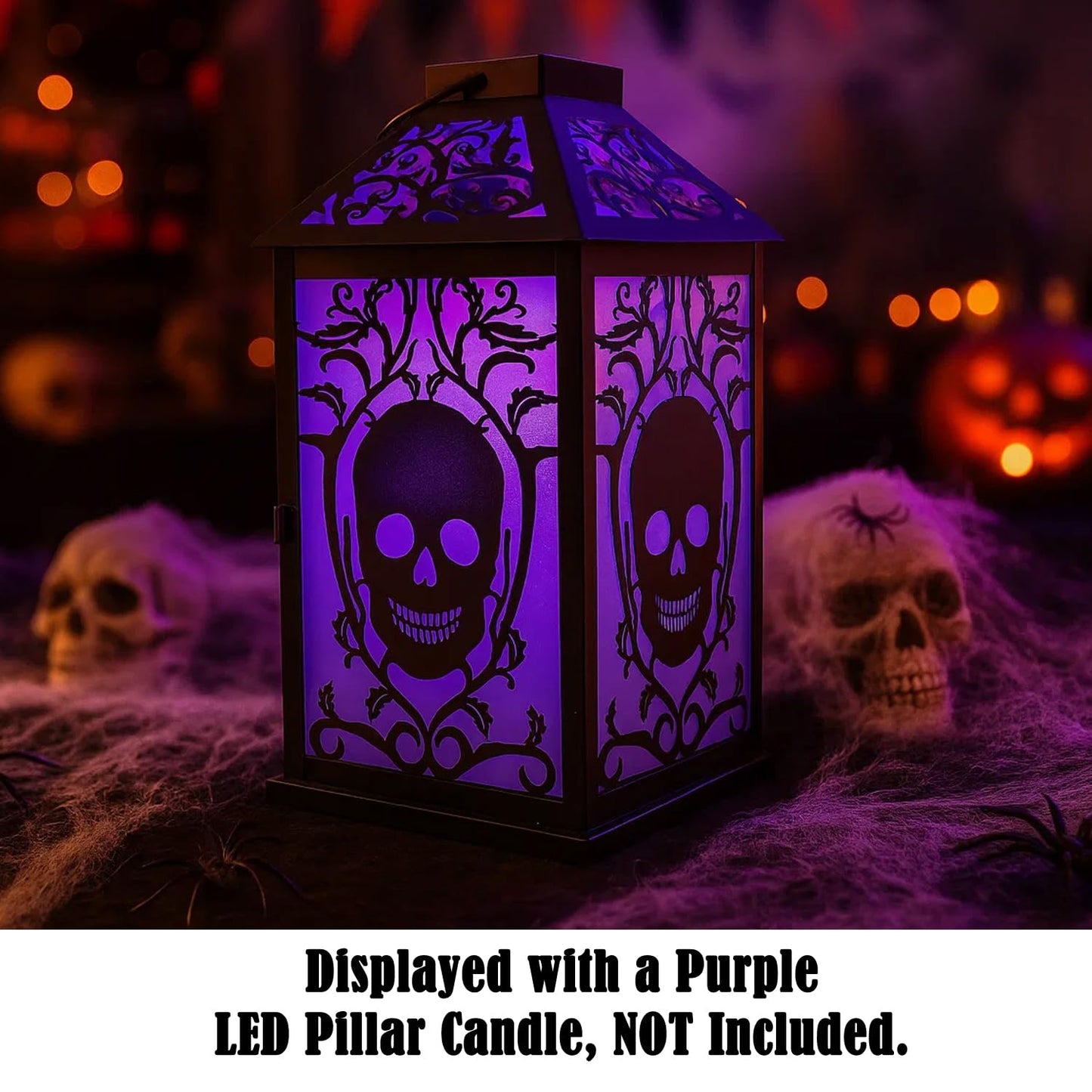 11.5" Halloween Skull Candle Lantern - Decorative Spooky Tabletop Light for Haunted House, Gothic Home, Front Porch & Party Decor, Metal with Frosted Glass (Can - PT05