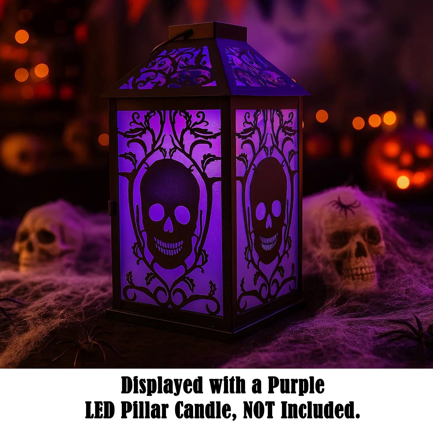 11.5" Halloween Skull Candle Lantern - Decorative Spooky Tabletop Light for Haunted House, Gothic Home, Front Porch & Party Decor, Metal with Frosted Glass (Can - PT05