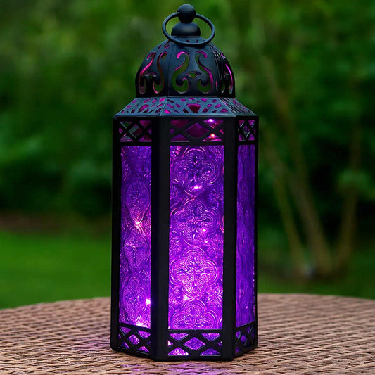 Metal Moroccan Decorative LED Fairy Lights Candle Lantern Holders for Indoor Home Fantasy Decor, Table Centerpieces, Outdoor Patio or Porch, Weddings, Medium - Purple Medium - MAIN