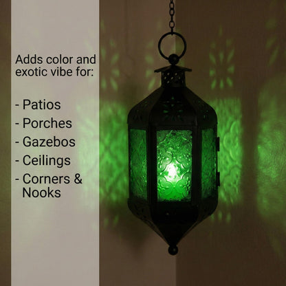 Hanging Moroccan Decorative Candle Lantern Holders for Outdoor Décor - Emerald Green Hanging - PT02