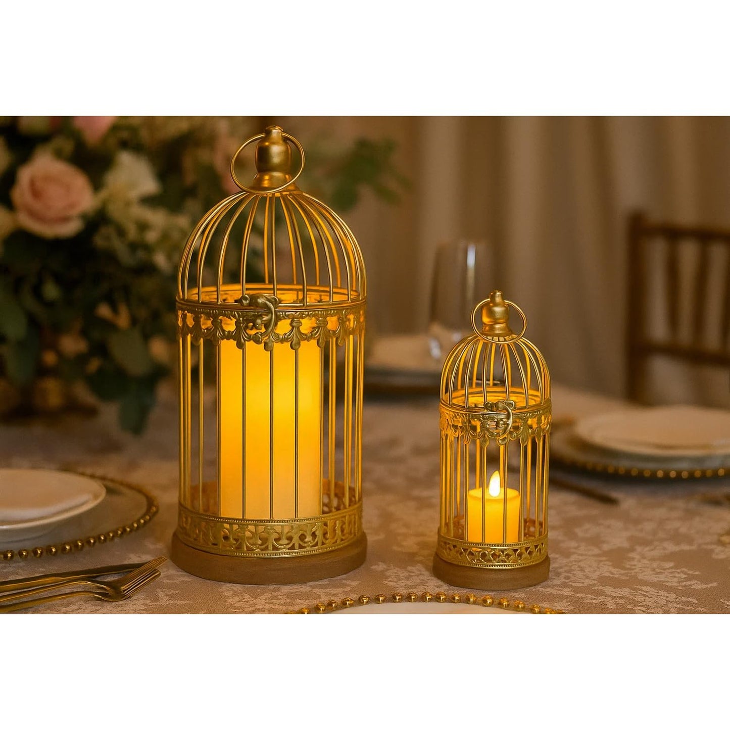 Birdcage Candle Lanterns – Set of 2 Decorative Metal Lanterns on Wooden Base – Vintage Farmhouse Tabletop & Hanging Lantern for Weddings, Parties & Home Decor - Gold 12 Inches Tall By 5.5 Inches Diameter - PT02