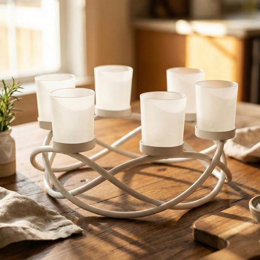 Iron Round Table Decor Centerpiece Decorations Candle Holder for Weddings, Outdoor Patio, Kitchen, Dining Room, and Coffee Tables, Glass Votive Tealight Holders - White 6-Cup - MAIN