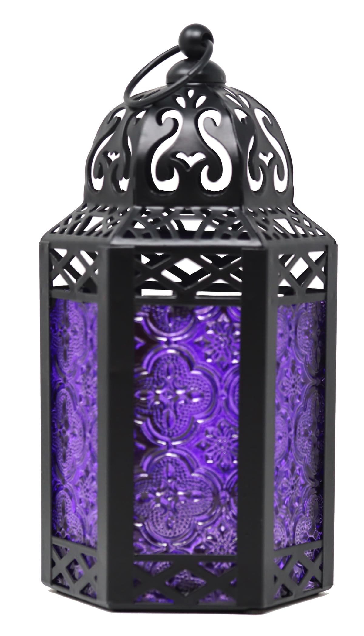 Set of 3 Purple Glass & Black Metal Moroccan Candle Lantern Holders (XL, Large, Small) - Decorative Indoor/Outdoor Decor for Patio, Floor, Weddings & Ramadan - Purple XL-LAR-SM - PT05
