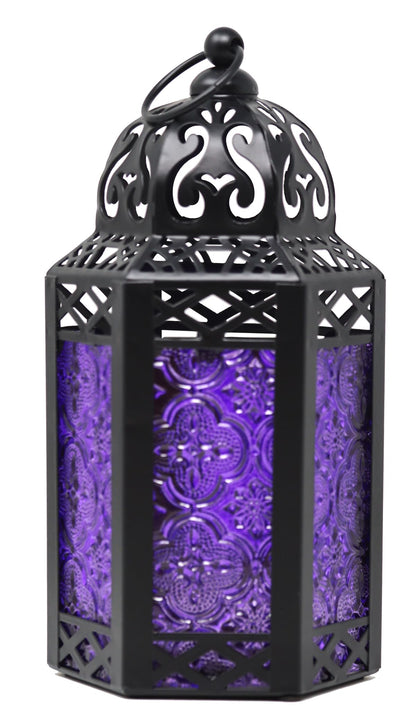 Set of 3 Purple Glass & Black Metal Moroccan Candle Lantern Holders (XL, Large, Small) - Decorative Indoor/Outdoor Decor for Patio, Floor, Weddings & Ramadan - Purple XL-LAR-SM - PT05