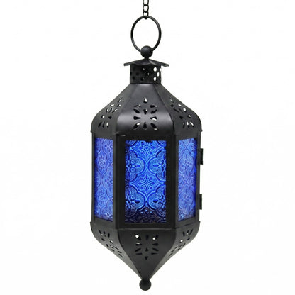 Hanging Moroccan Decorative Candle Lantern Holders for Outdoor Décor - Cobalt Blue Hanging - MAIN