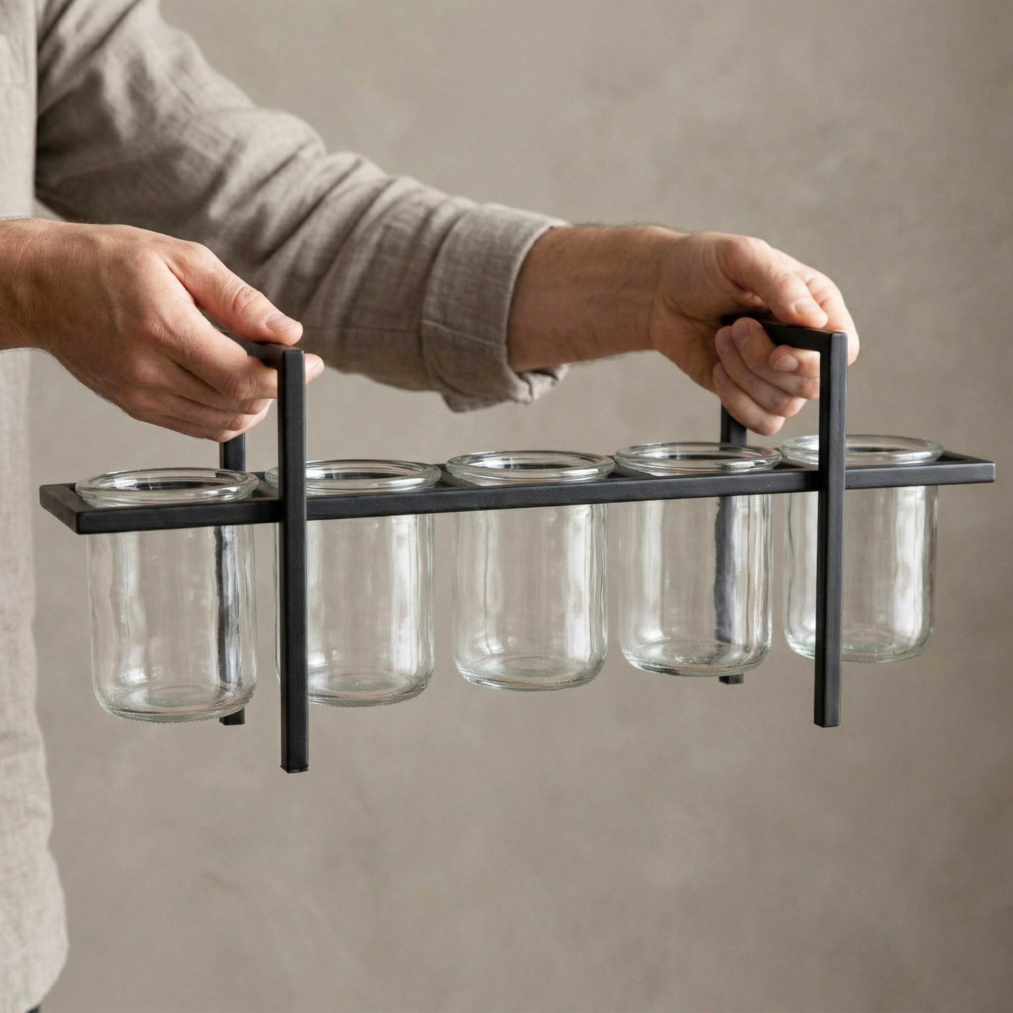 5-Cup Rustic Modern Floating Candle Holder Table Centerpiece Decoration for Dining Room, Kitchen, Patio, Weddings, Metal Iron with Glass Cups, 16" Long - Black 5-cup - PT06