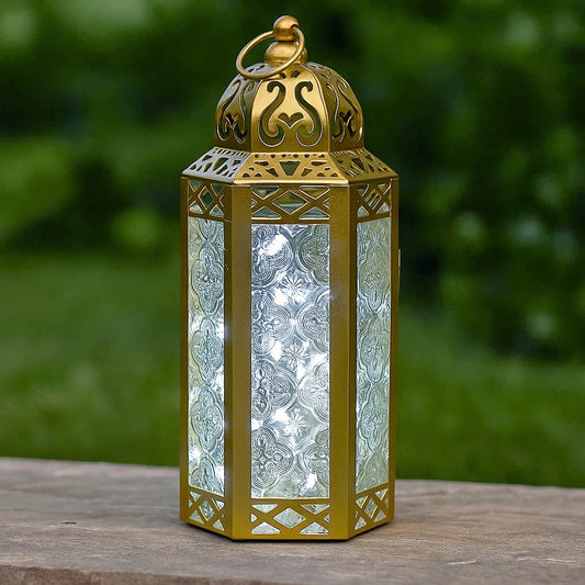 Metal Moroccan Decorative LED Fairy Lights Candle Lantern Holders for Indoor Home Fantasy Decor, Table Centerpieces, Outdoor Patio or Porch, Weddings, Medium - Gold Medium - MAIN