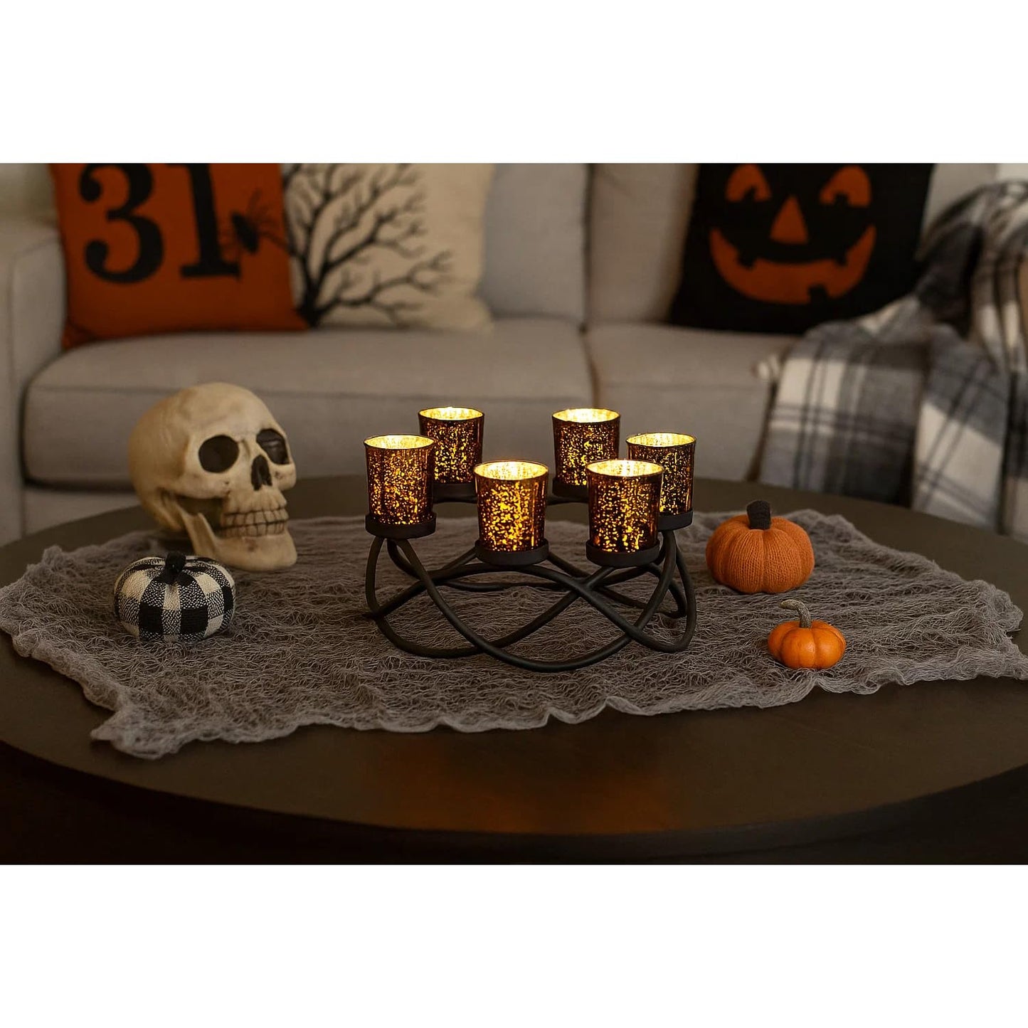 Halloween Candle Holder Centerpiece Decoration – Black Metal Iron 6-Cup Votive Tealight Holder for Spooky Table Gothic Decor, Kitchen & Dining Room, Coffee Tabl - Black 6-Cup - PT06