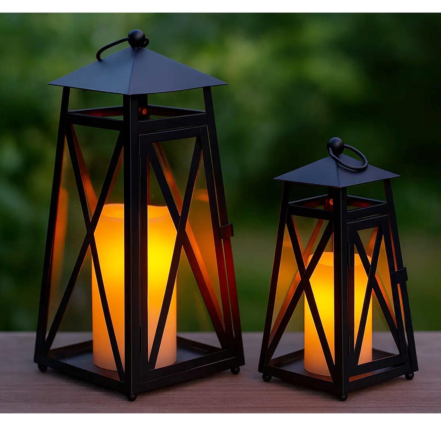 Black Watchtower Candle Lanterns for Outdoor Patio or Porch – Set of 2 Decorative Metal & Glass Lanterns for Pillar Candles – Rustic Farmhouse Indoor Tabletop D - Black 14.5" H x 6" W - PT05