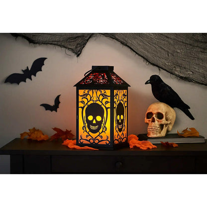 11.5" Halloween Skull Candle Lantern - Decorative Spooky Tabletop Light for Haunted House, Gothic Home, Front Porch & Party Decor, Metal with Frosted Glass (Can - PT02