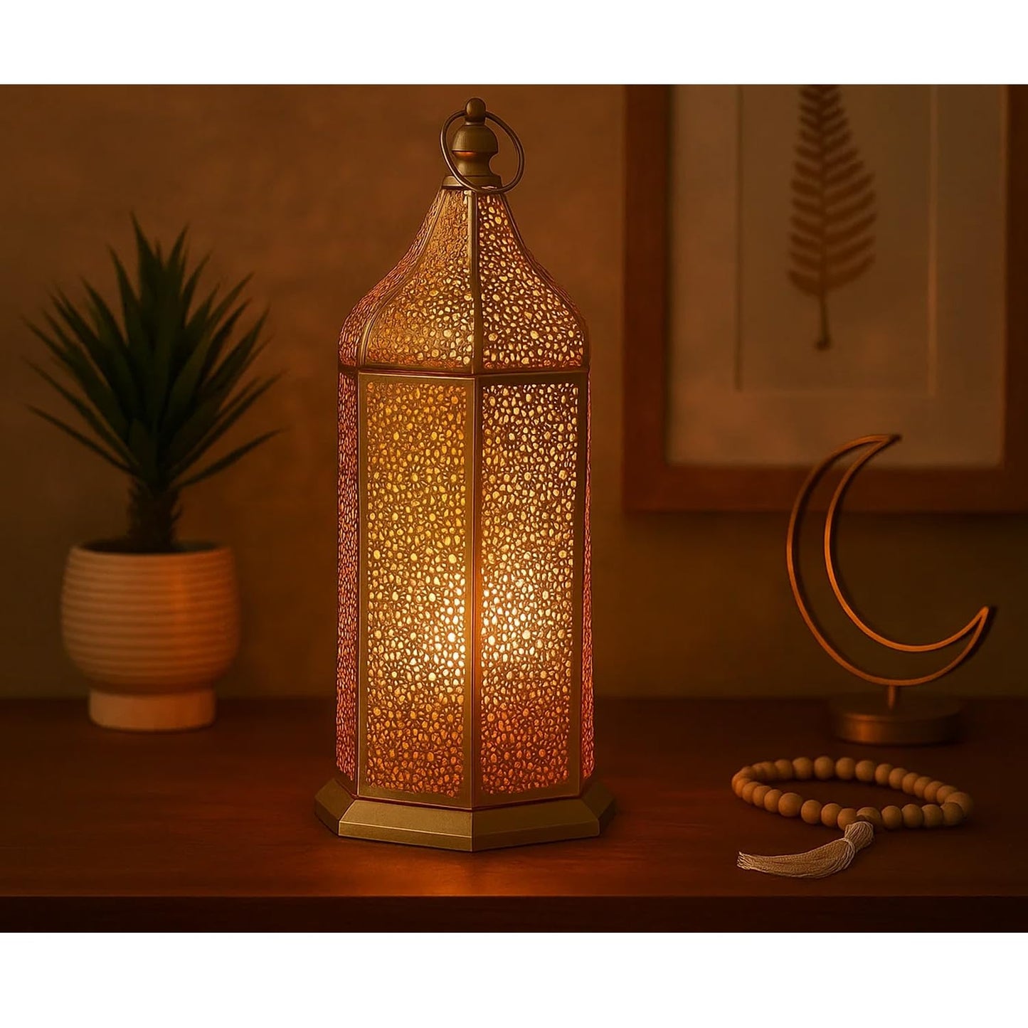 16" Champagne Gold Moroccan Decorative Candle Lantern – Metal Hexagon Lantern for Table or Hanging, Ramadan Turkish Islamic Decor, Wedding Centerpiece, Indoor H - Champagne Gold Extra Large - PT03
