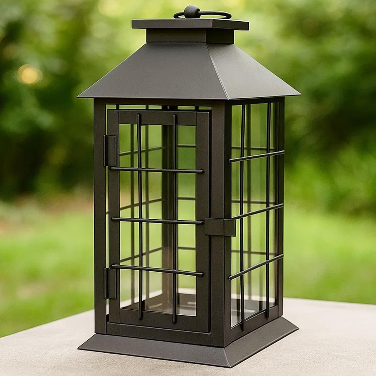 11" Rustic Decorative Candle Lantern – Vintage Metal & Glass Holder for Pillar Candles – Farmhouse Tabletop & Hanging Lantern for Indoor or Patio Decor, Black - Black - MAIN