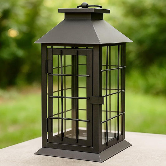 11" Rustic Decorative Candle Lantern – Vintage Metal & Glass Holder for Pillar Candles – Farmhouse Tabletop & Hanging Lantern for Indoor or Patio Decor, Black - Black - MAIN