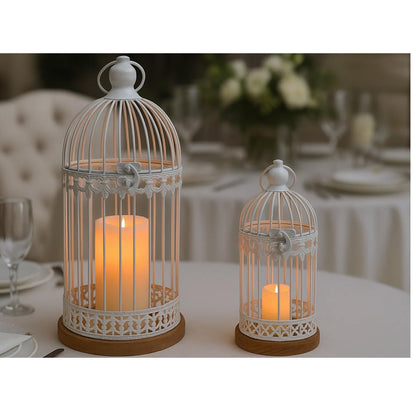 Birdcage Candle Lanterns – Set of 2 Decorative Metal Lanterns on Wooden Base – Vintage Farmhouse Tabletop & Hanging Lantern for Weddings, Parties & Home Decor - White 12" Tall By 5.5" Diameter - PT04