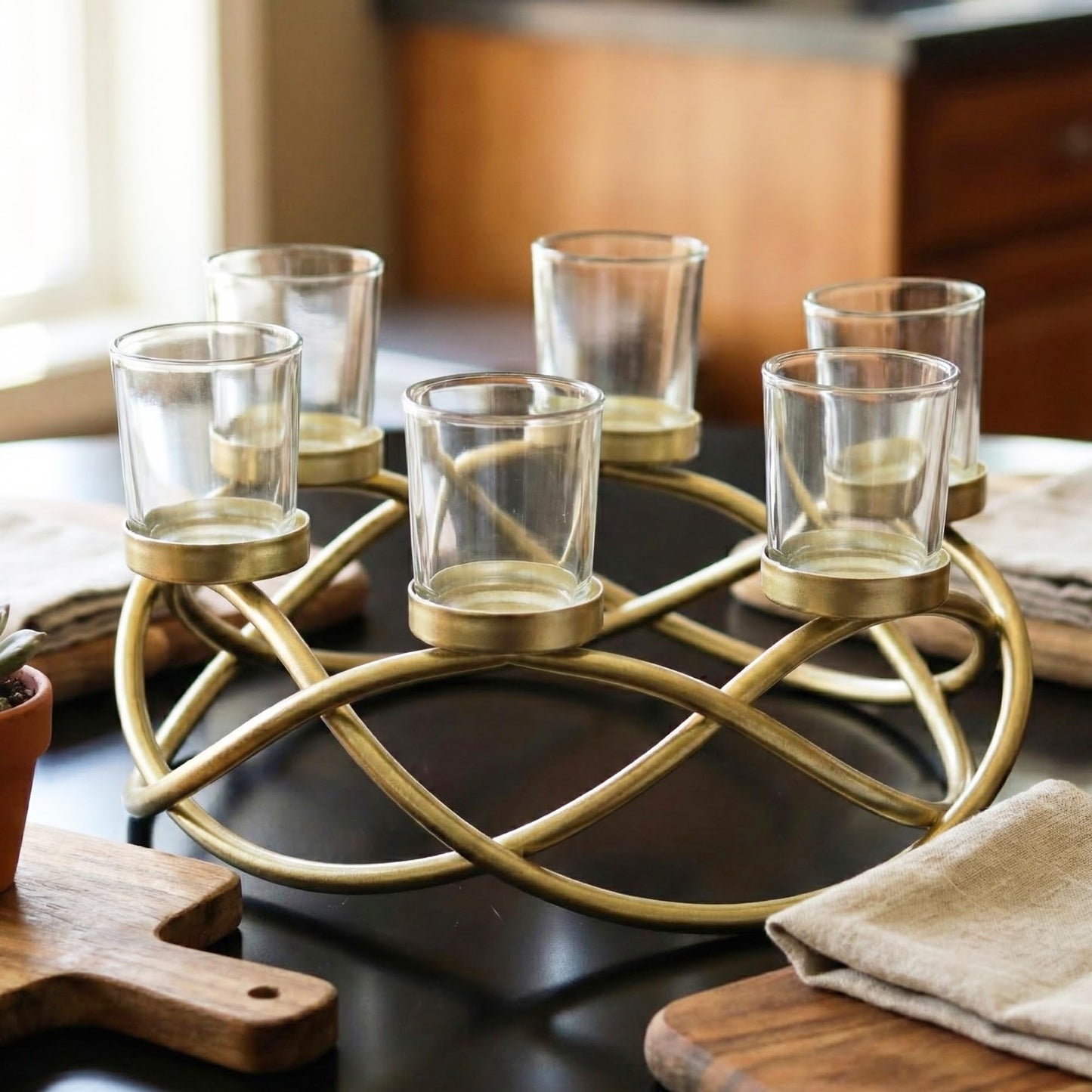 Iron Round Table Decor Centerpiece Decorations Candle Holder for Weddings, Outdoor Patio, Kitchen, Dining Room, and Coffee Tables, Glass Votive Tealight Holders - Gold/Clear 6-Cup - MAIN