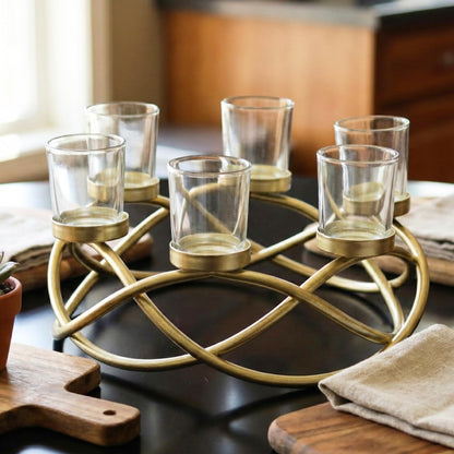 Iron Round Table Decor Centerpiece Decorations Candle Holder for Weddings, Outdoor Patio, Kitchen, Dining Room, and Coffee Tables, Glass Votive Tealight Holders - Gold/Clear 6-Cup - MAIN
