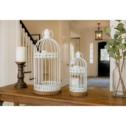 Birdcage Candle Lanterns – Set of 2 Decorative Metal Lanterns on Wooden Base – Vintage Farmhouse Tabletop & Hanging Lantern for Weddings, Parties & Home Decor - White 12" Tall By 5.5" Diameter - PT05