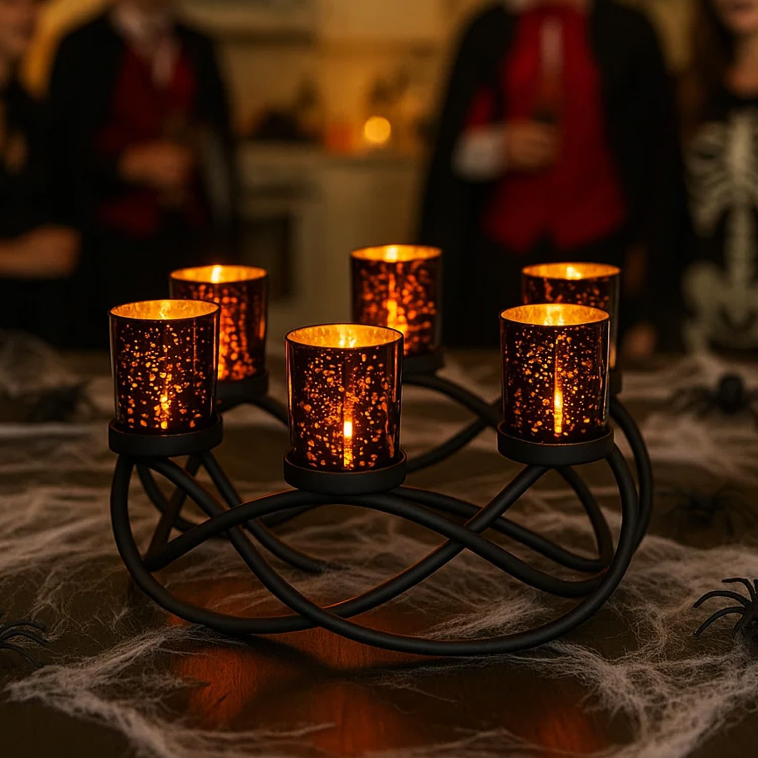 Halloween Candle Holder Centerpiece Decoration – Black Metal Iron 6-Cup Votive Tealight Holder for Spooky Table Gothic Decor, Kitchen & Dining Room, Coffee Tabl - Black 6-Cup - PT04