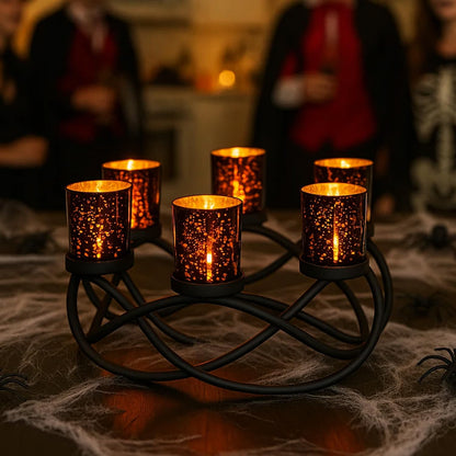 Halloween Candle Holder Centerpiece Decoration – Black Metal Iron 6-Cup Votive Tealight Holder for Spooky Table Gothic Decor, Kitchen & Dining Room, Coffee Tabl - Black 6-Cup - PT04