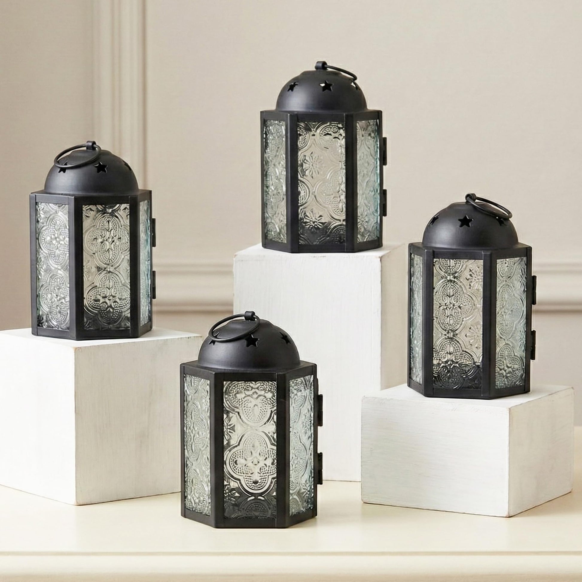 Mini Moroccan Tea Light Candle Holder Lanterns – 4.25" Small Decorative Lantern for Table or Hanging, Metal with Glass Panels – Ramadan, Wedding, Home Decor, Fr - Frosted Clear 4 - MAIN