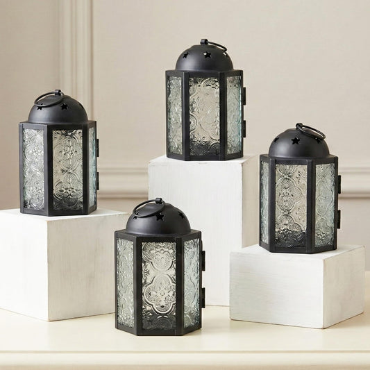 Mini Moroccan Tea Light Candle Holder Lanterns – 4.25" Small Decorative Lantern for Table or Hanging, Metal with Glass Panels – Ramadan, Wedding, Home Decor, Fr - Frosted Clear 4 - MAIN