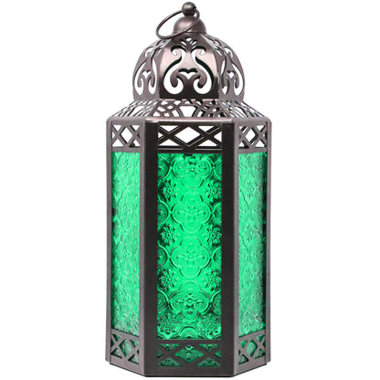 Black Metal Decorative Moroccan Lantern Candle Holder Lamp - Indoor/Outdoor, Home Decor, Patio, Weddings, Christmas - Green Large - MAIN