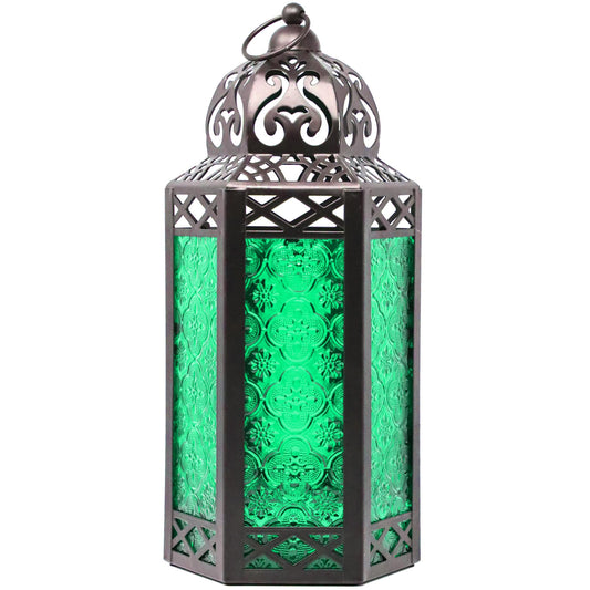 Black Metal Decorative Moroccan Lantern Candle Holder Lamp - Indoor/Outdoor, Home Decor, Patio, Weddings, Christmas - Green Large - MAIN