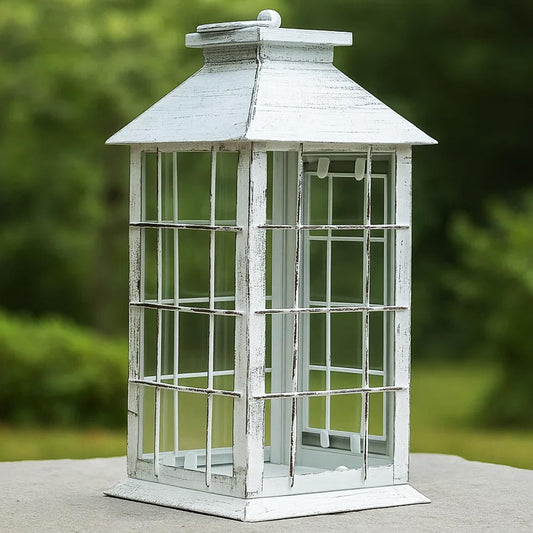 11" Rustic Decorative Candle Lantern – Vintage Metal & Glass Holder for Pillar Candles – Farmhouse Tabletop & Hanging Lantern for Indoor or Patio Decor, White - Rustic White - MAIN