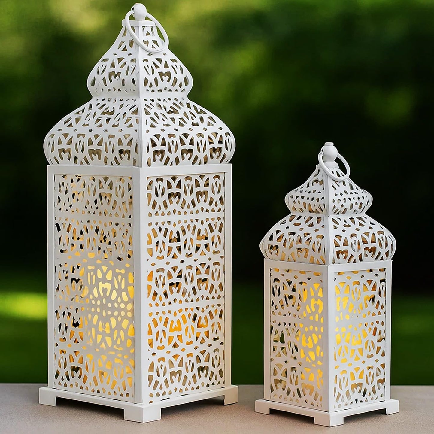 Large Temple Moroccan Lantern Lamp Decorative Candle Holders for Ramadan Decorations, Hanging, Outdoor Patio or Porch, Indoor Home Decor, Weddings, White, Set o - White 11" and 15" - MAIN