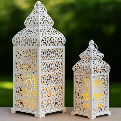 Large Temple Moroccan Lantern Lamp Decorative Candle Holders for Ramadan Decorations, Hanging, Outdoor Patio or Porch, Indoor Home Decor, Weddings, White, Set o - White 11" and 15" - MAIN
