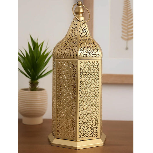 16" Champagne Gold Moroccan Decorative Candle Lantern – Metal Hexagon Lantern for Table or Hanging, Ramadan Turkish Islamic Decor, Wedding Centerpiece, Indoor H - Champagne Gold Extra Large - PT01