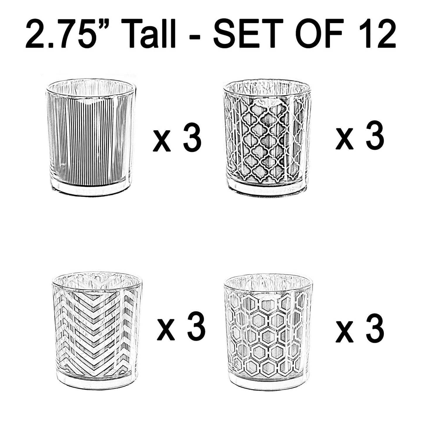 Glass Votive Tealight Candle Holders in Bulk for Table Centerpiece Wedding Decor, Gold, 2.75" Tall, Set of 12 - Assorted Gold Regular - PT03