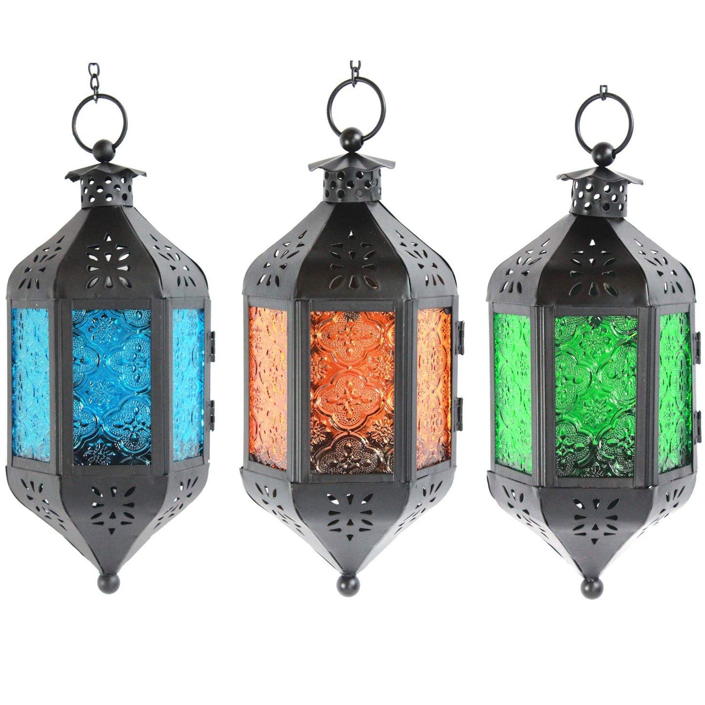 Hanging Moroccan Decorative Candle Lantern Holders for Outdoor Décor - Blue/Amber/Green Hanging - MAIN